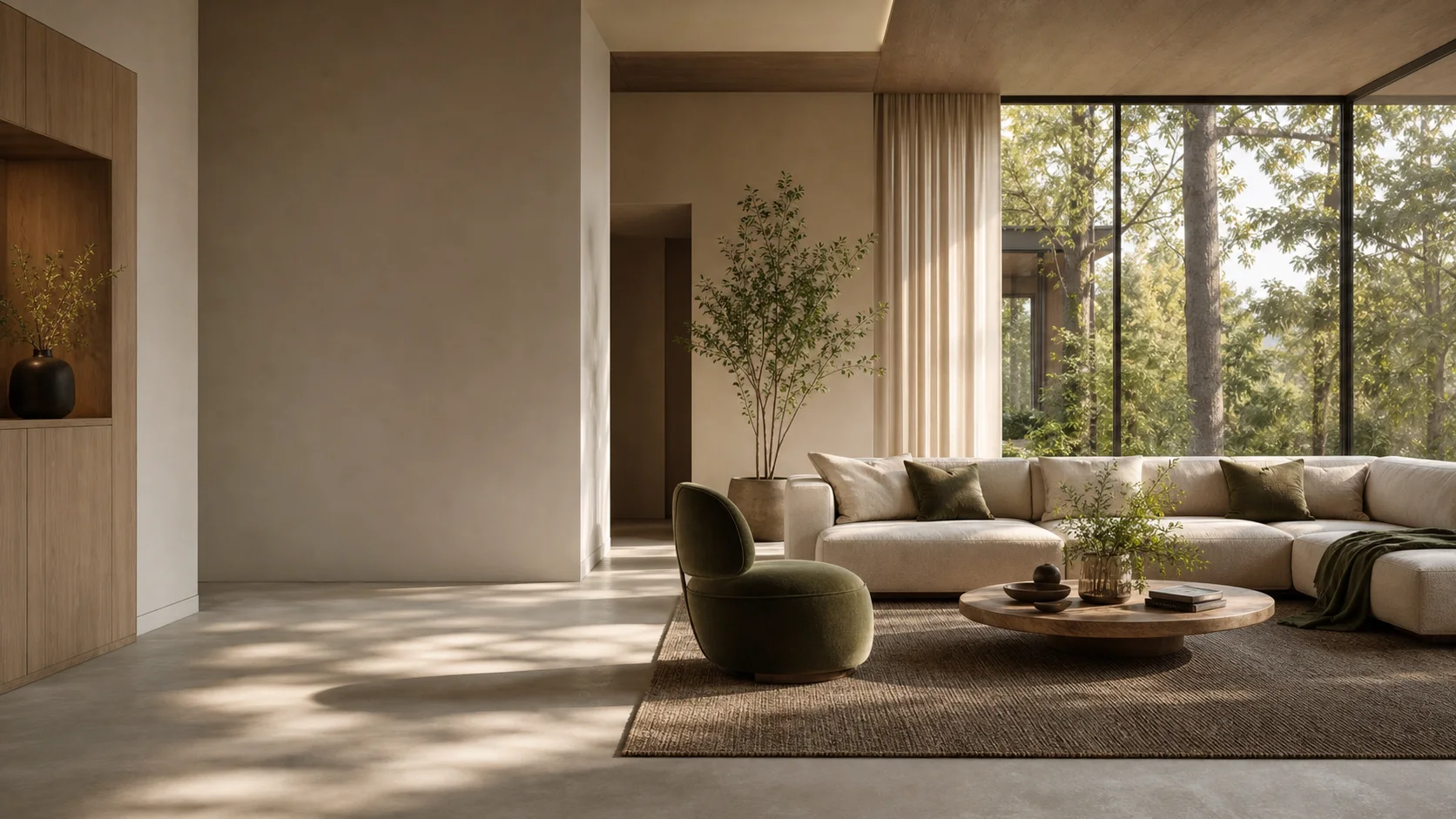 Architectural visualization of a sunlit interior with natural materials and a garden view.