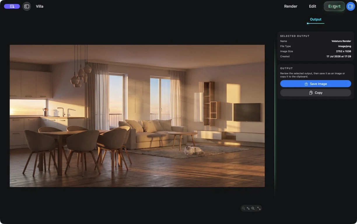 Velatura Export mode showing the selected architectural output in a focused view.