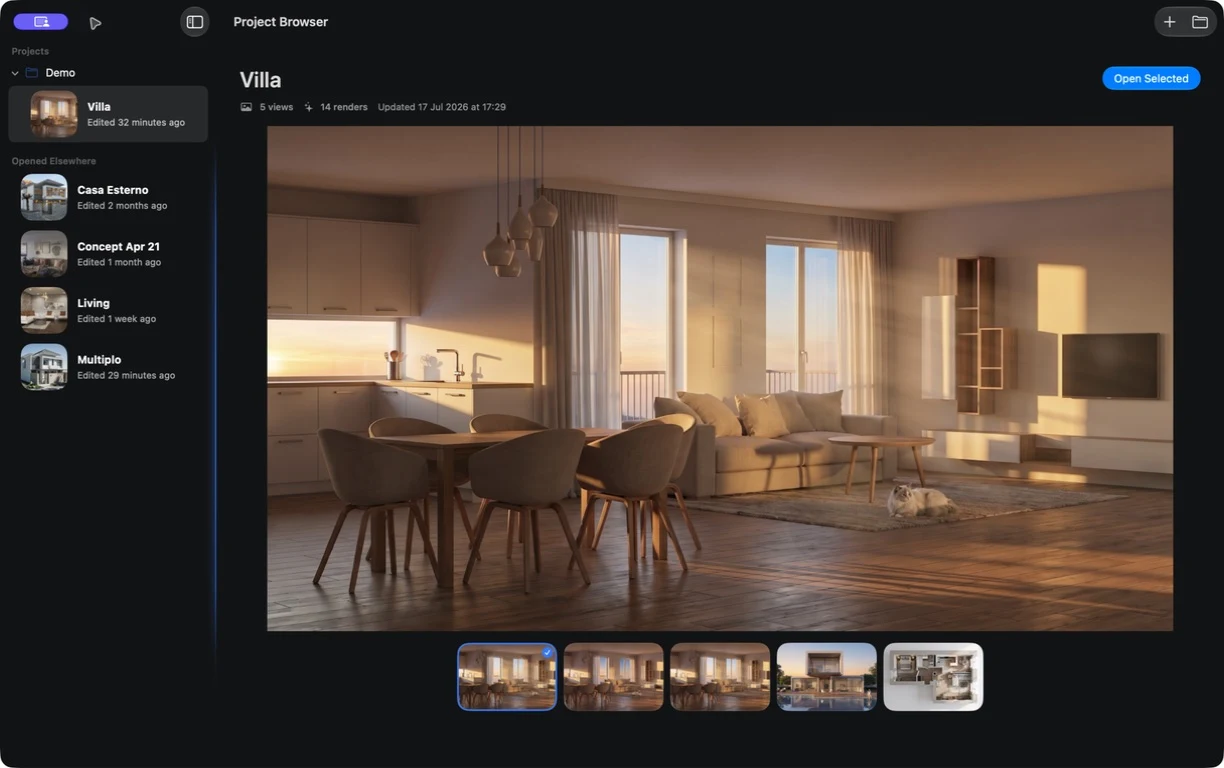 Velatura Project Browser showing architectural projects and their source views.