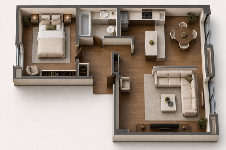 Furnished apartment cutaway from the Floorplan to 3D Visualization workflow.