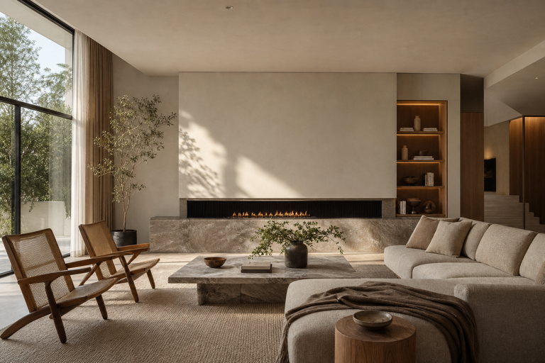 Warm contemporary living room rendered with the Interior Photorealistic workflow.